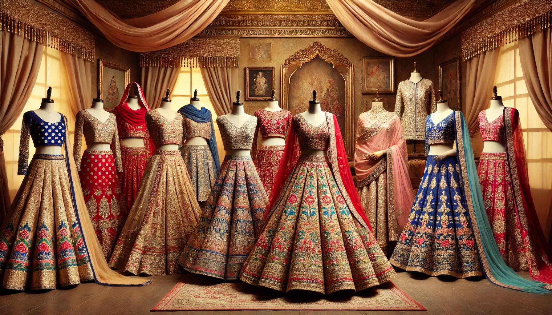 Elegant collection of traditional Indian lehengas with intricate embroidery and rich designs at Aakar Fabrics, Kota, Rajasthan.